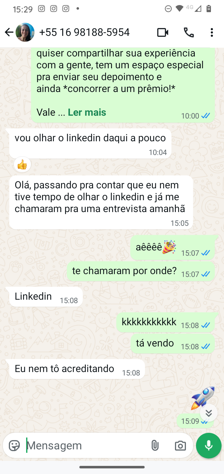 Depoimento — chamada para entrevista pelo LinkedIn