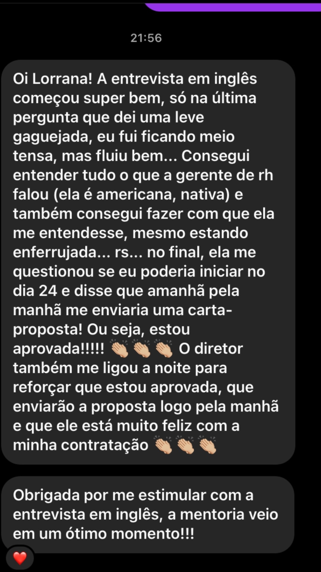 Depoimento — entrevista em inglês aprovada